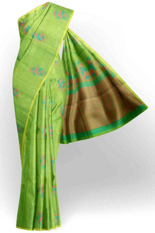 Green Pure South Cotton Floral Bouquet Saree