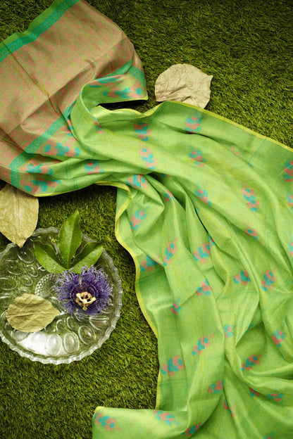 Green Pure South Cotton Floral Bouquet Saree