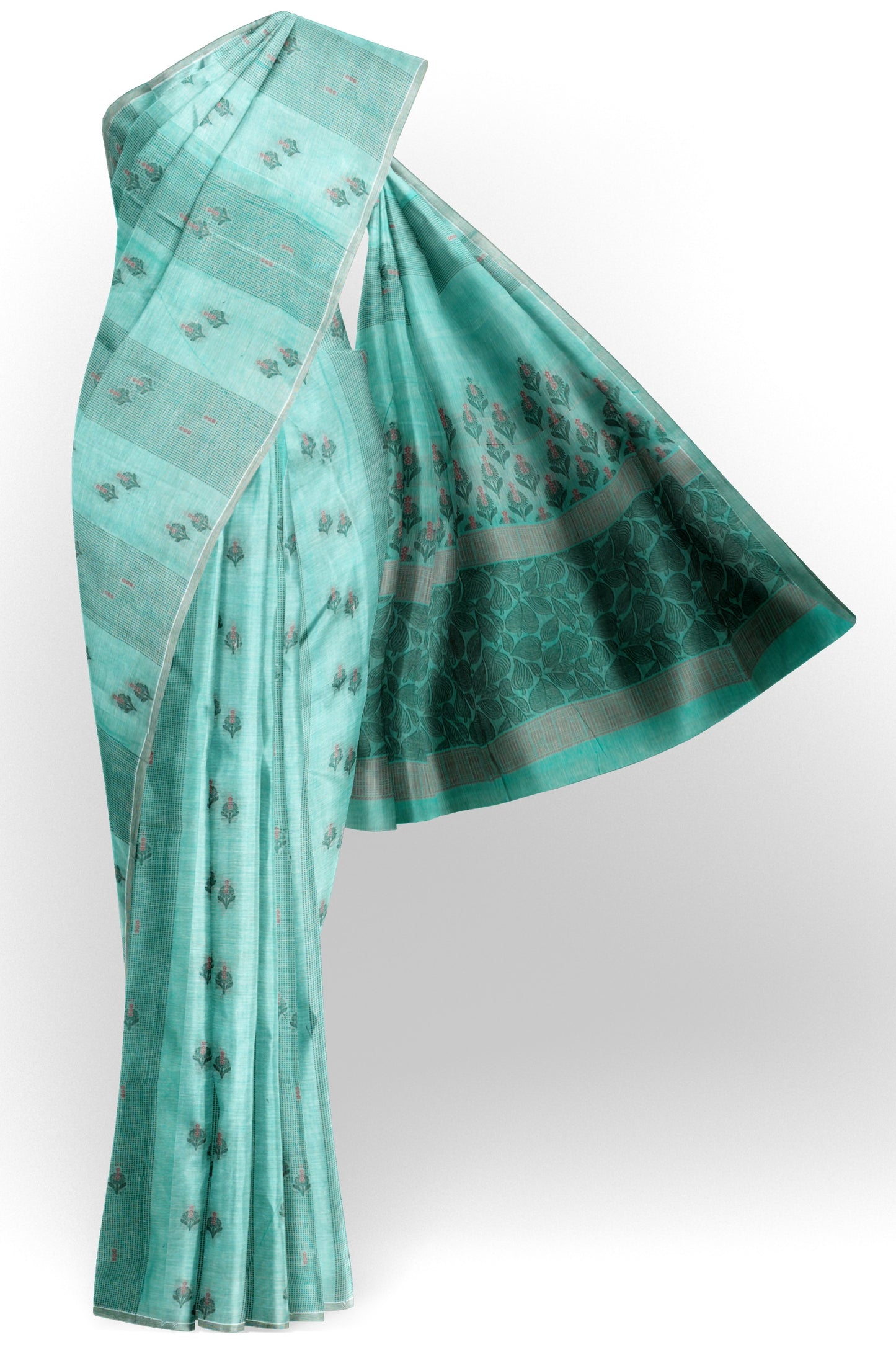 Light Blue Green Pure South Cotton Floral Butta Saree