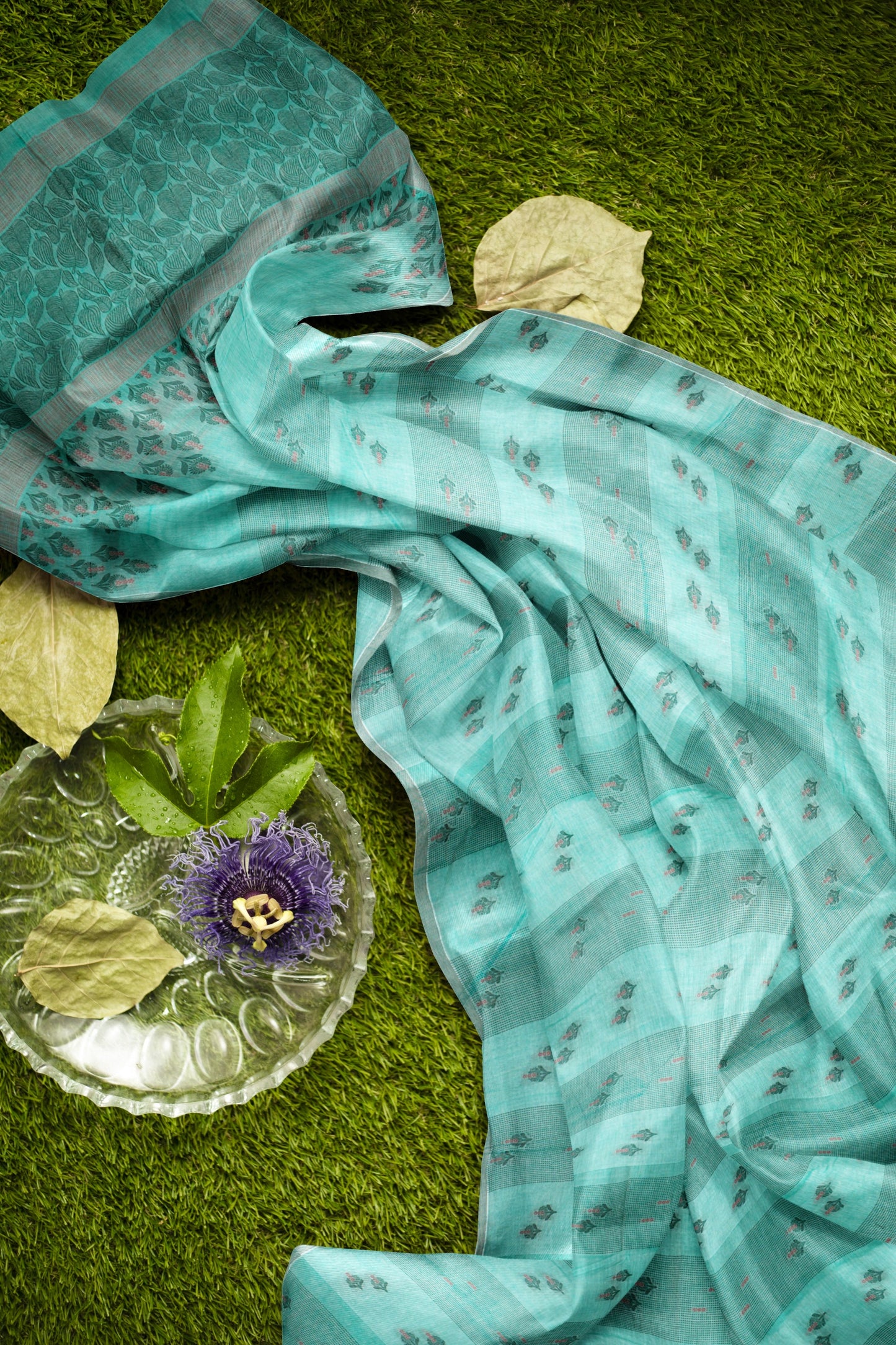 Light Blue Green Pure South Cotton Floral Butta Saree