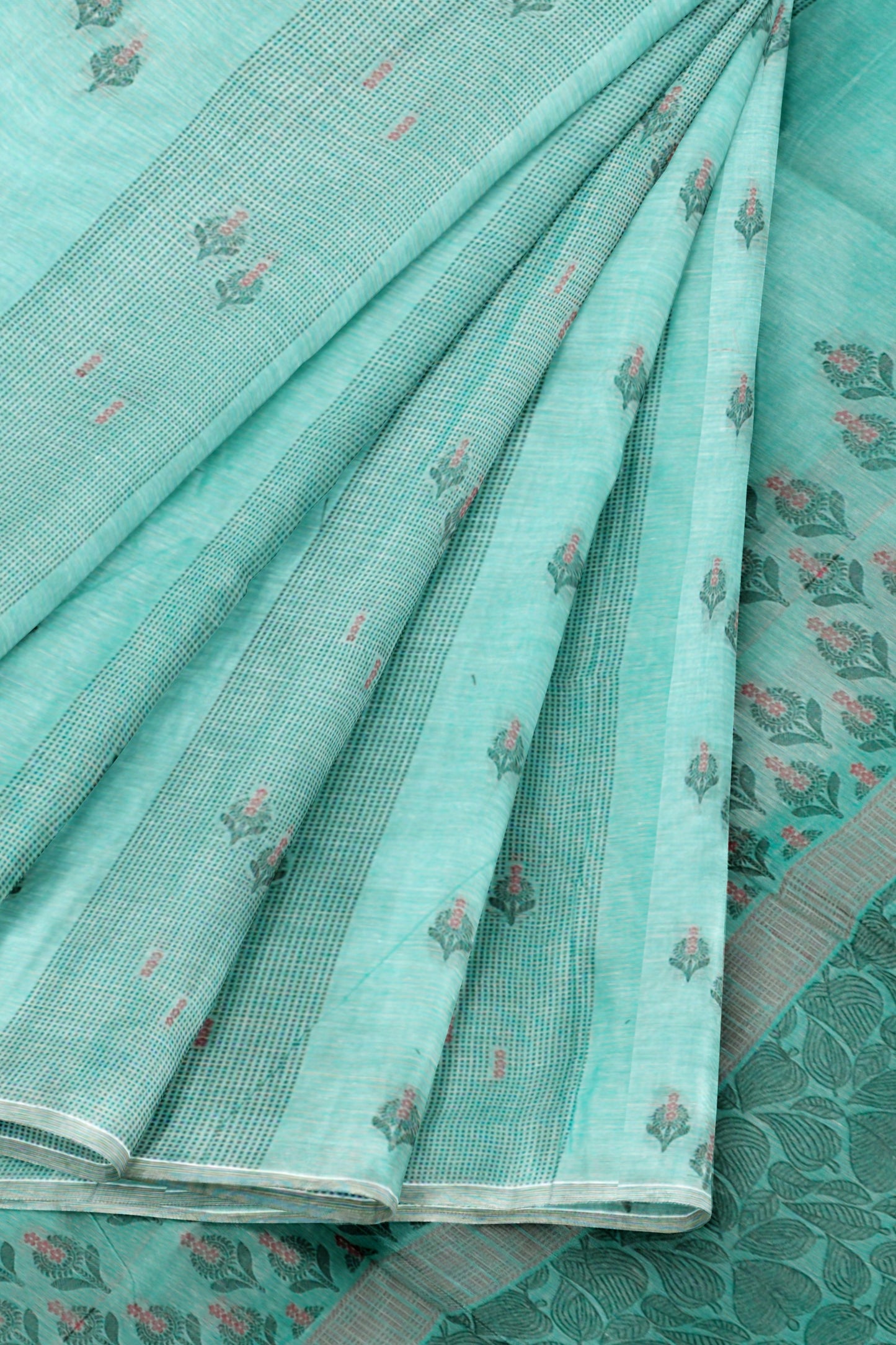 Light Blue Green Pure South Cotton Floral Butta Saree