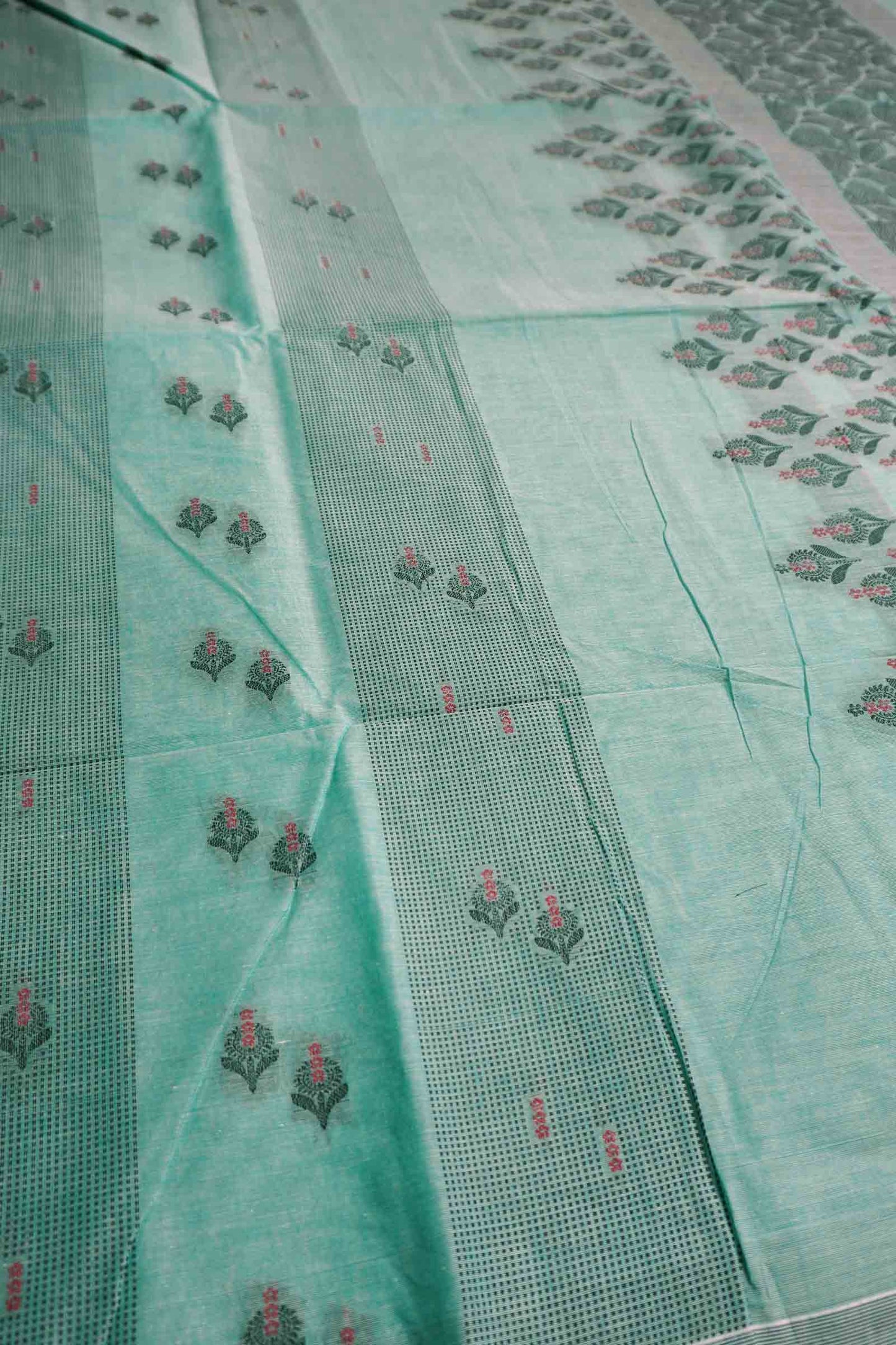 Light Blue Green Pure South Cotton Floral Butta Saree