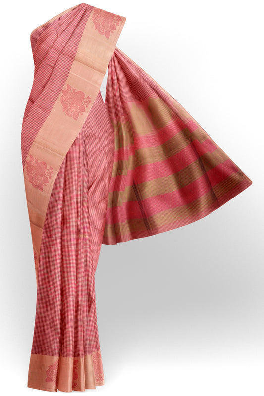 Pink Pure South Cotton Mini Checks Peacock Butta Saree