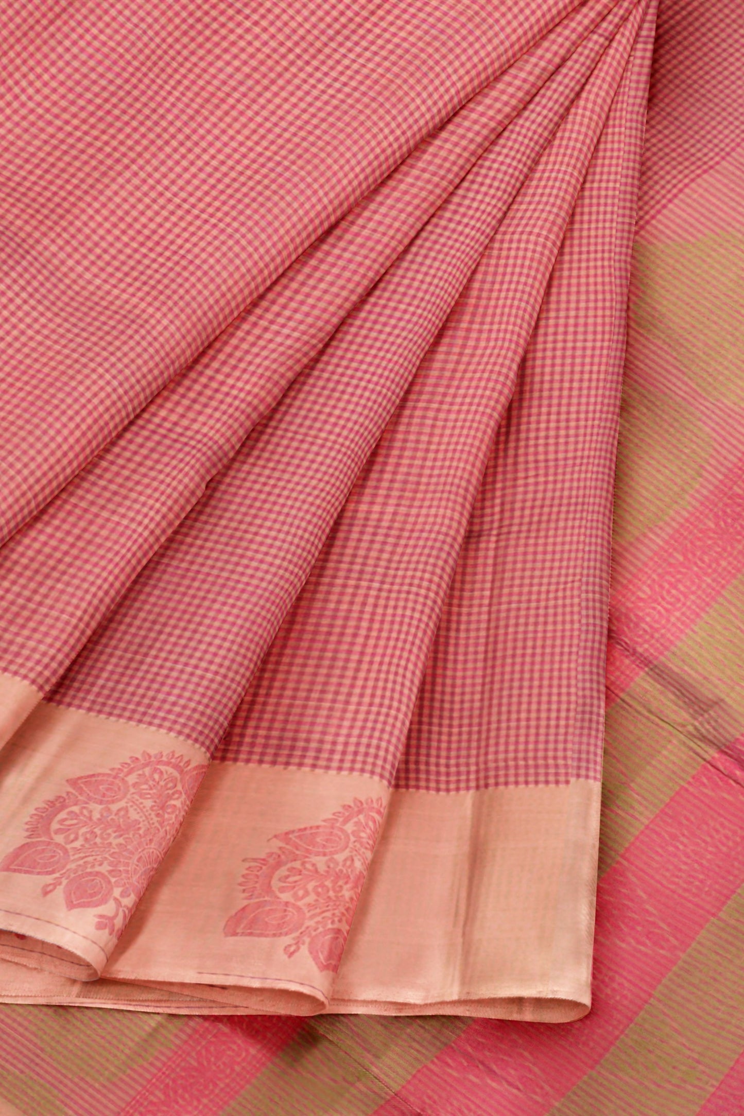 Pink Pure South Cotton Mini Checks Peacock Butta Saree