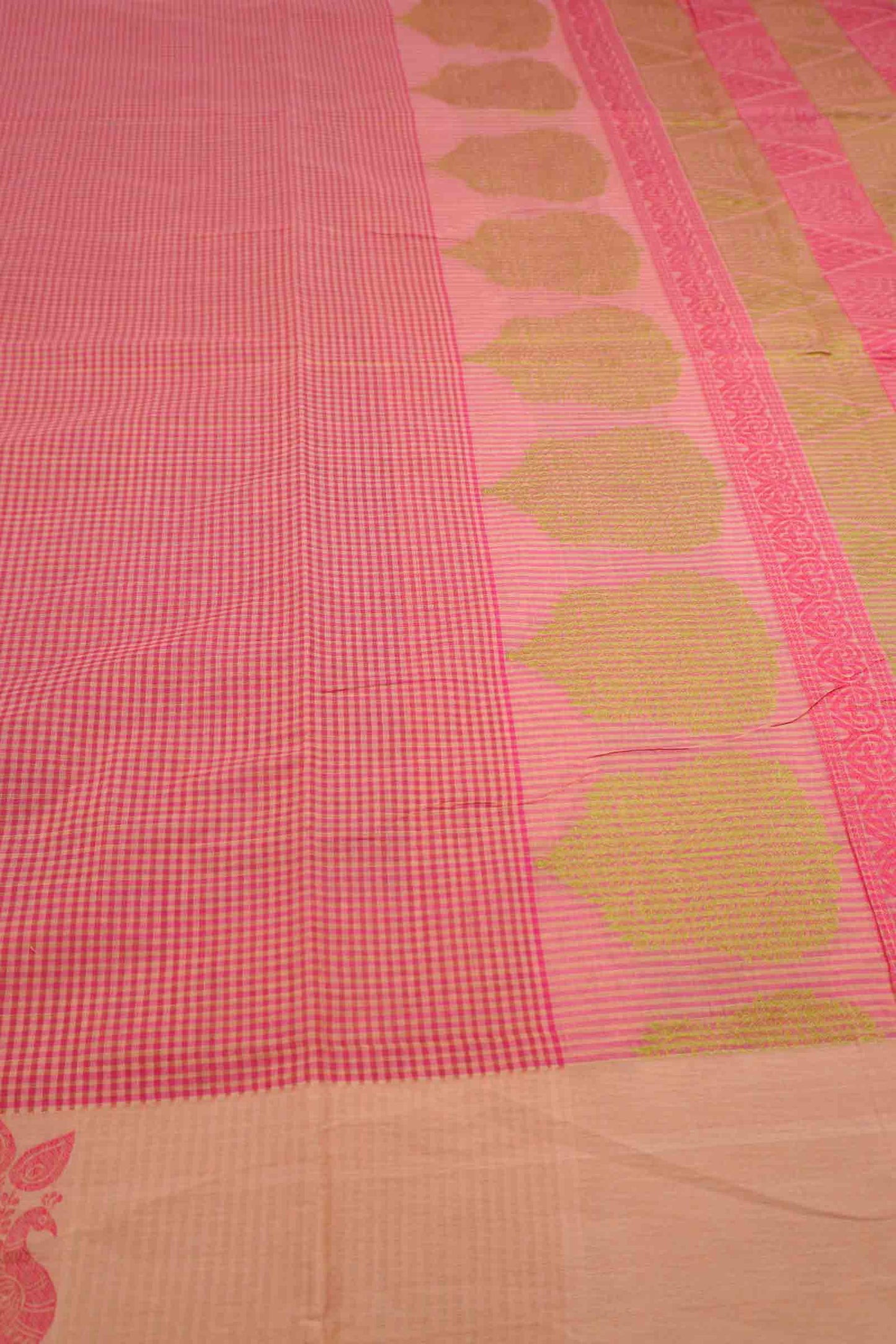 Pink Pure South Cotton Mini Checks Peacock Butta Saree