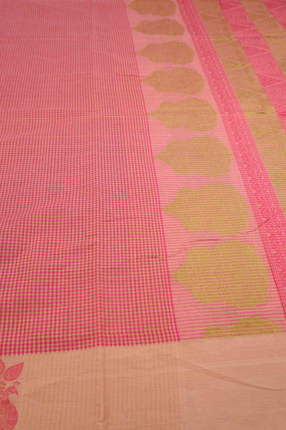 Pink Pure South Cotton Mini Checks Peacock Butta Saree
