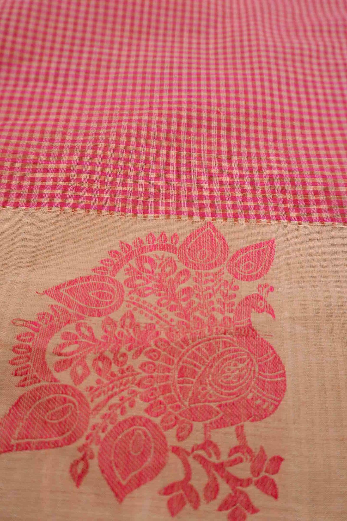 Pink Pure South Cotton Mini Checks Peacock Butta Saree
