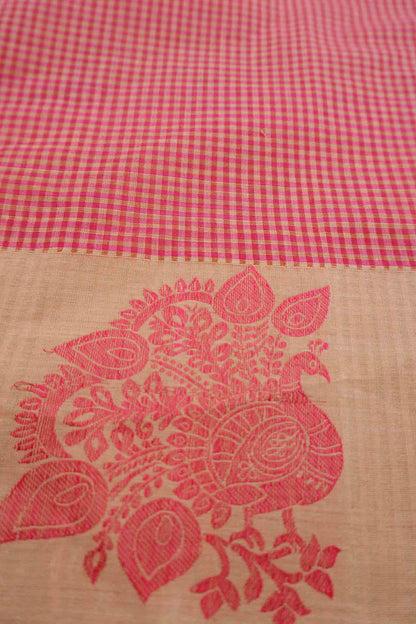 Pink Pure South Cotton Mini Checks Peacock Butta Saree