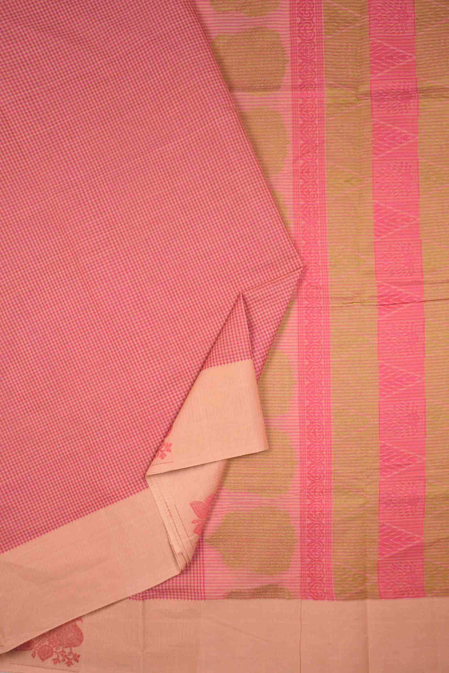 Pink Pure South Cotton Mini Checks Peacock Butta Saree