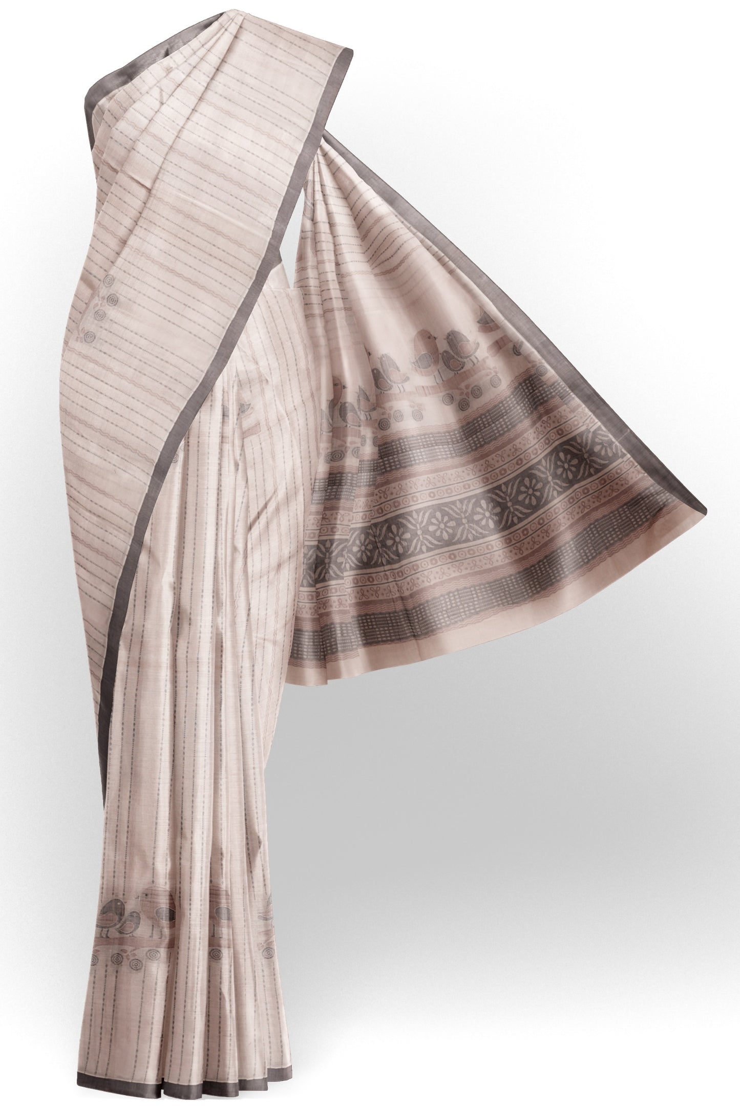 Off White Pure South Cotton Lines Lil Birds Butta Saree