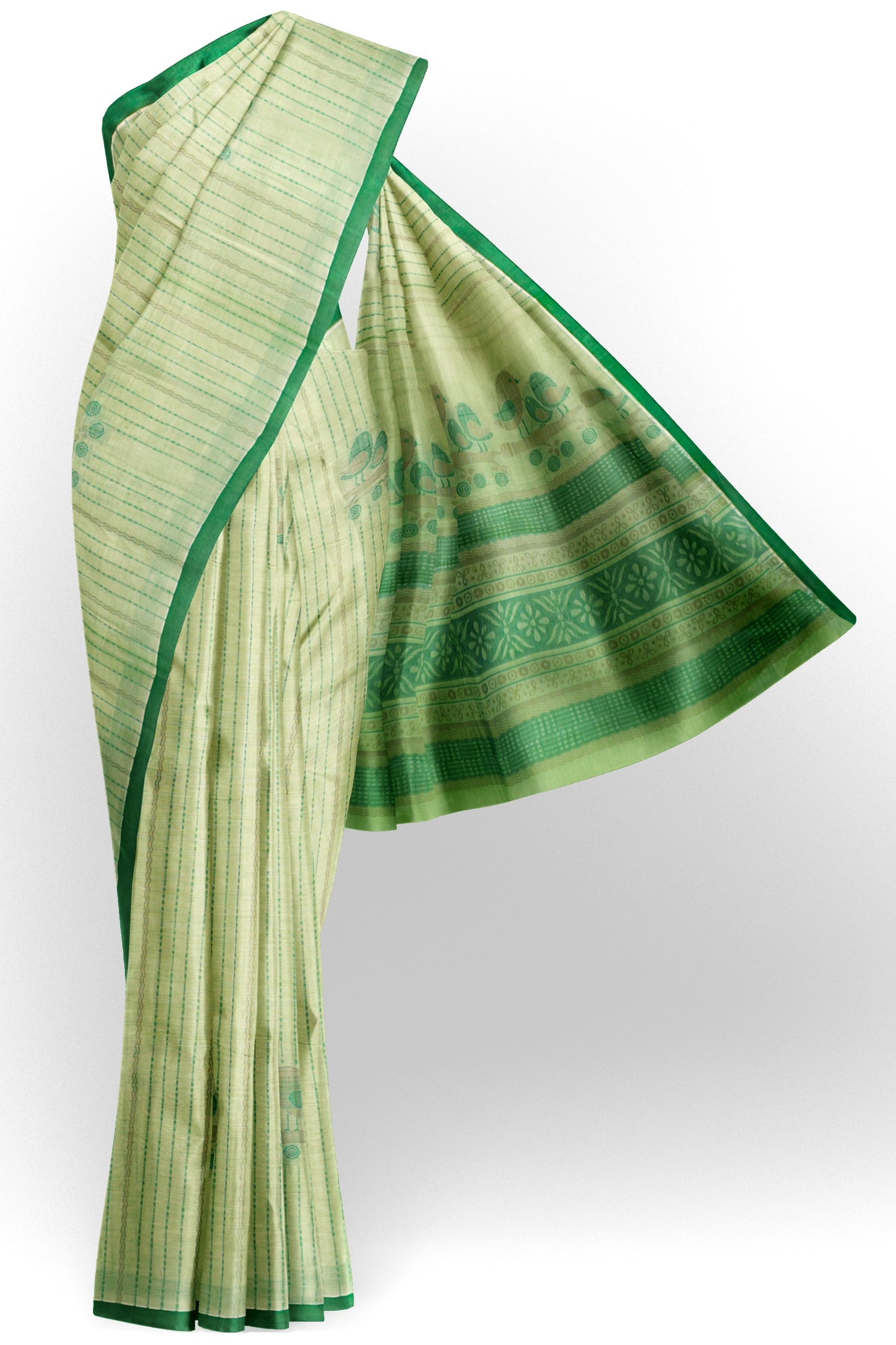 Light Green Pure South Cotton Lil Birds Butta Saree