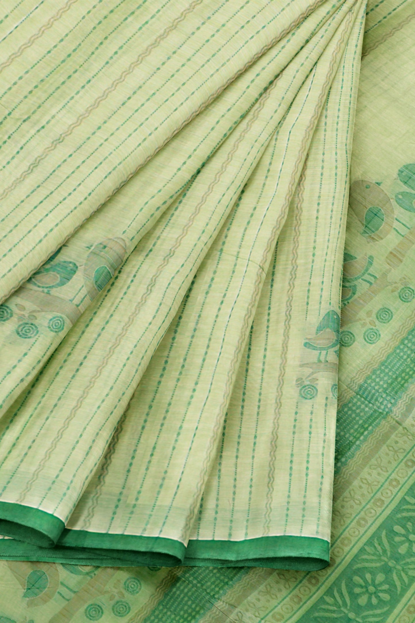 Light Green Pure South Cotton Lil Birds Butta Saree