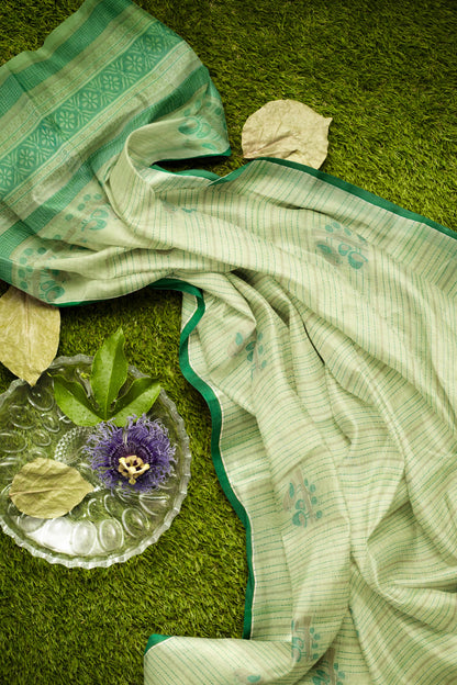 Light Green Pure South Cotton Lil Birds Butta Saree