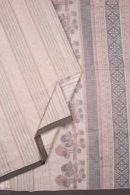 Off White Pure South Cotton Lines Lil Birds Butta Saree