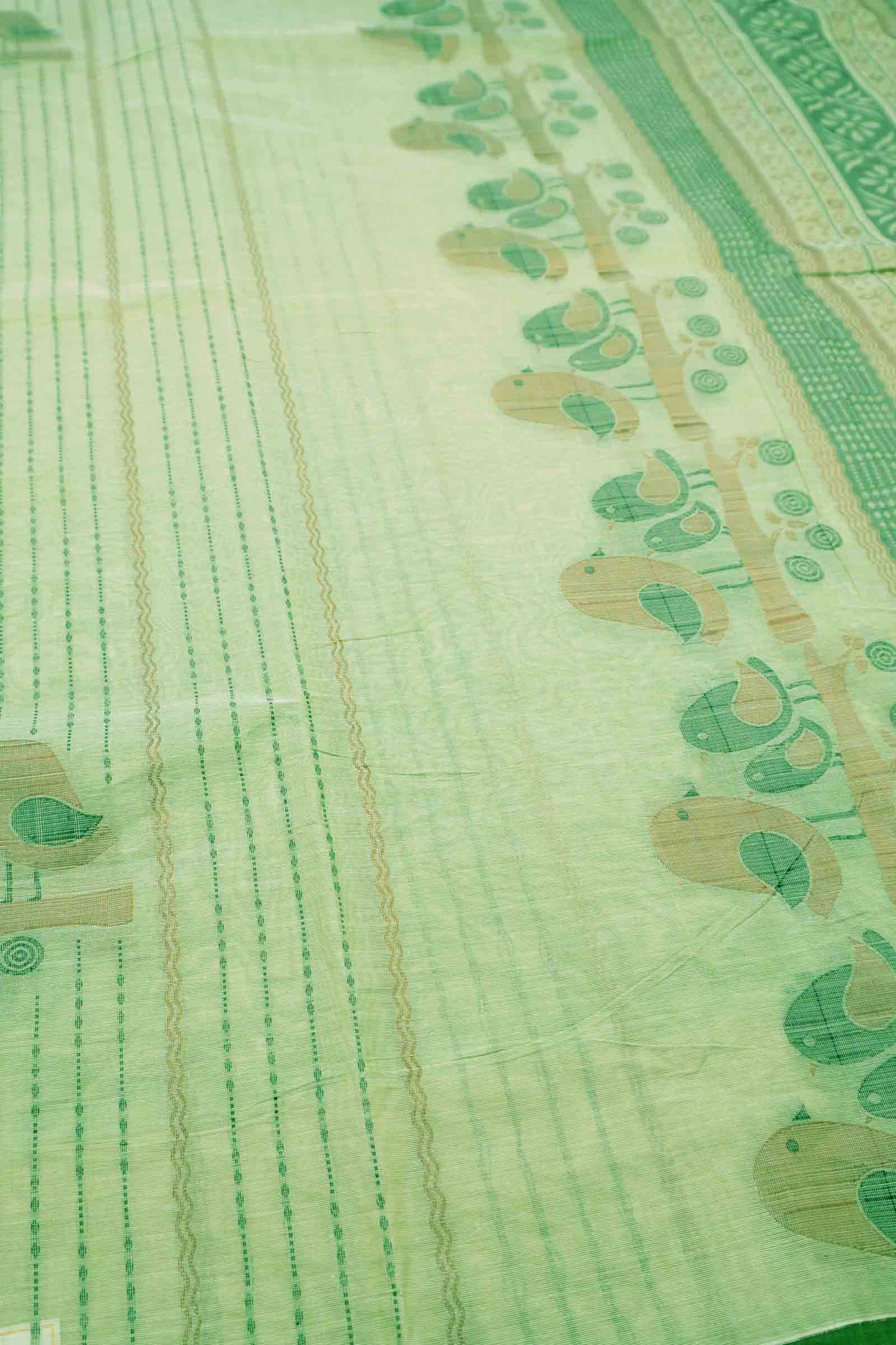 Light Green Pure South Cotton Lil Birds Butta Saree