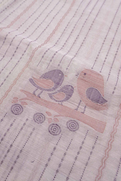 Off White Pure South Cotton Lines Lil Birds Butta Saree