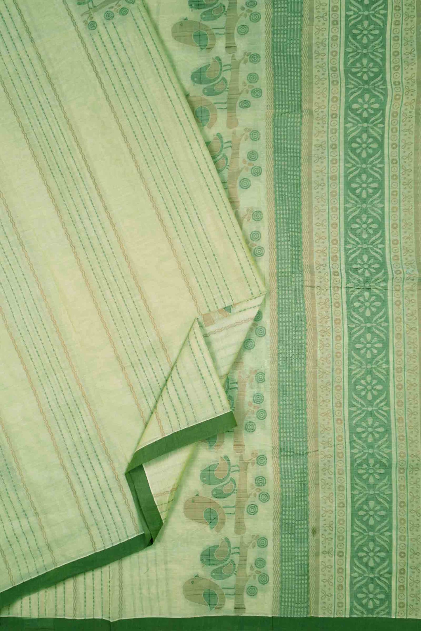 Light Green Pure South Cotton Lil Birds Butta Saree