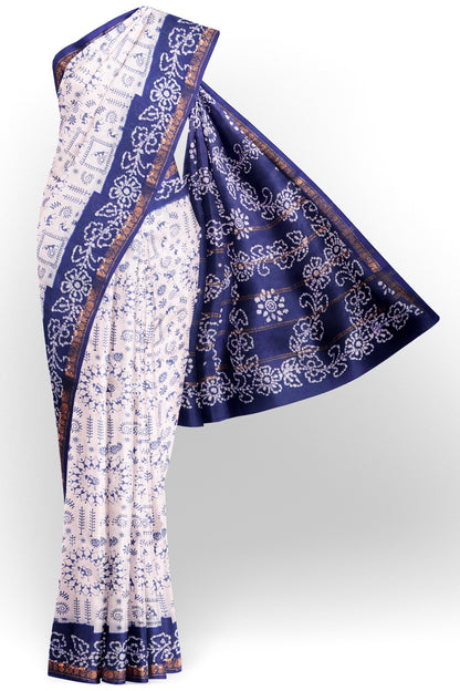 White Pure Sungudi Cotton Warli Print Zari Peacock Border Purple Border Saree