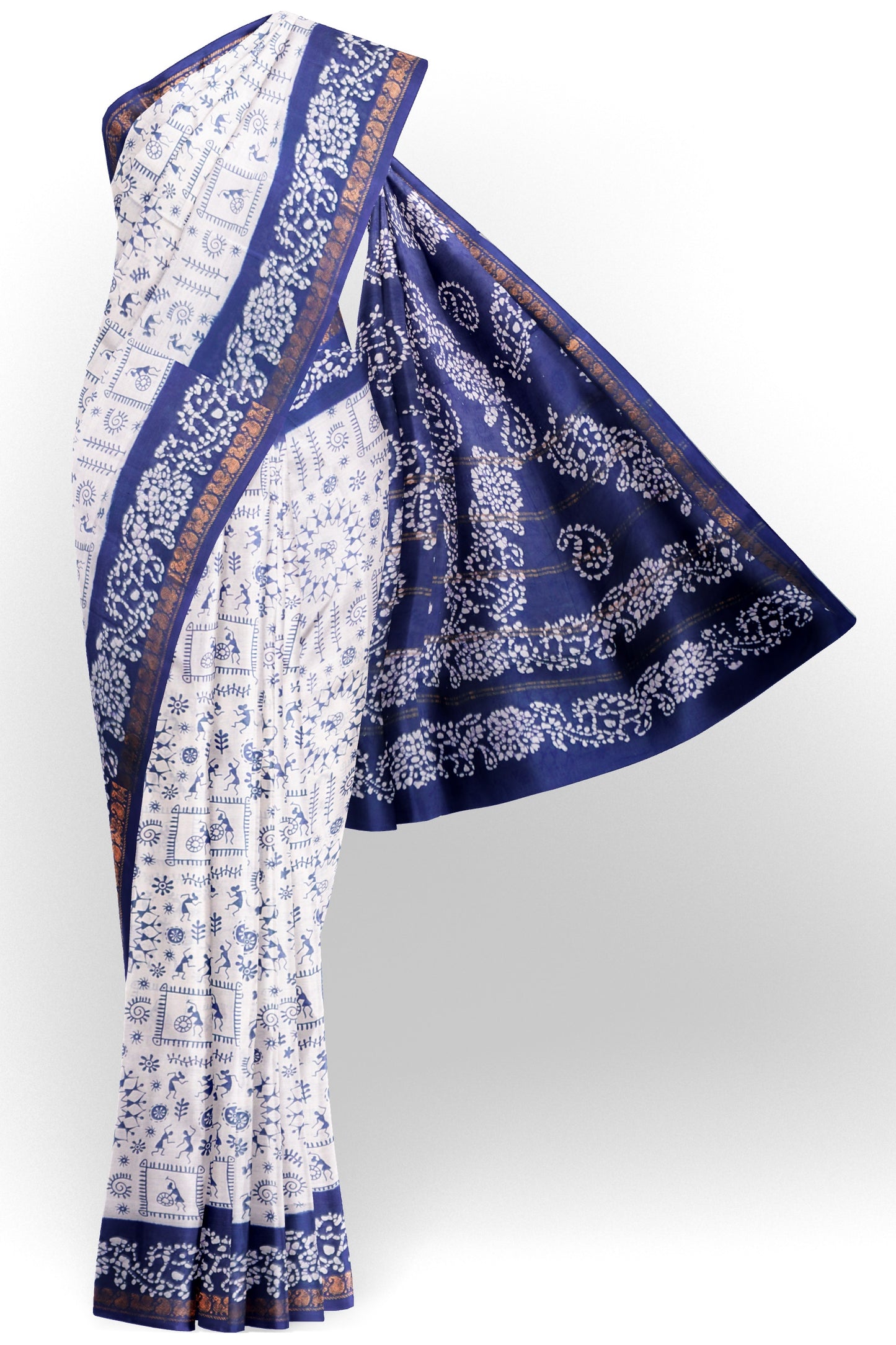 White Pure Sungudi Cotton Warli Print Zari Peacock Border Saree