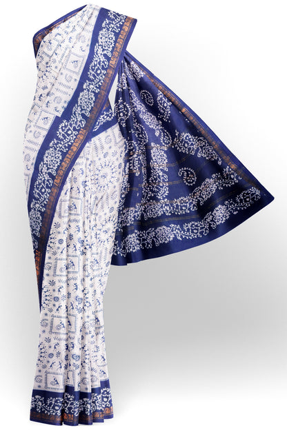 White Pure Sungudi Cotton Warli Print Zari Peacock Border Saree
