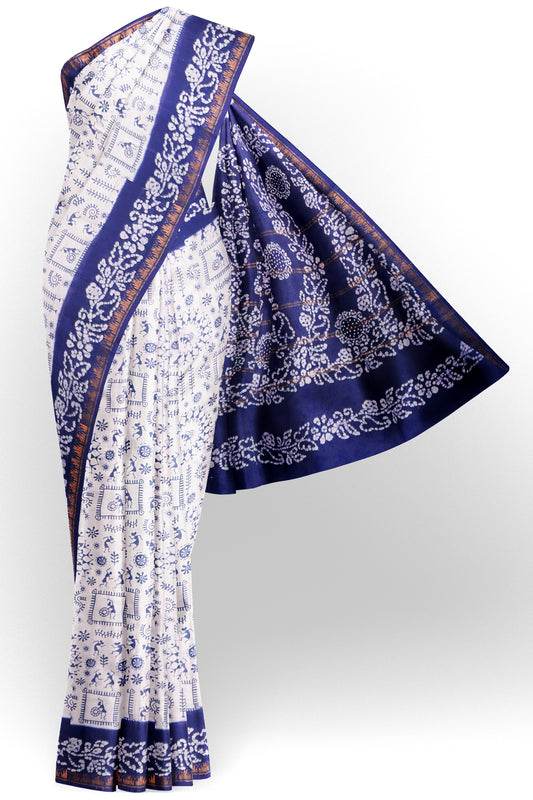 White Pure Sungudi Cotton Warli Print Zari Tower Border Saree