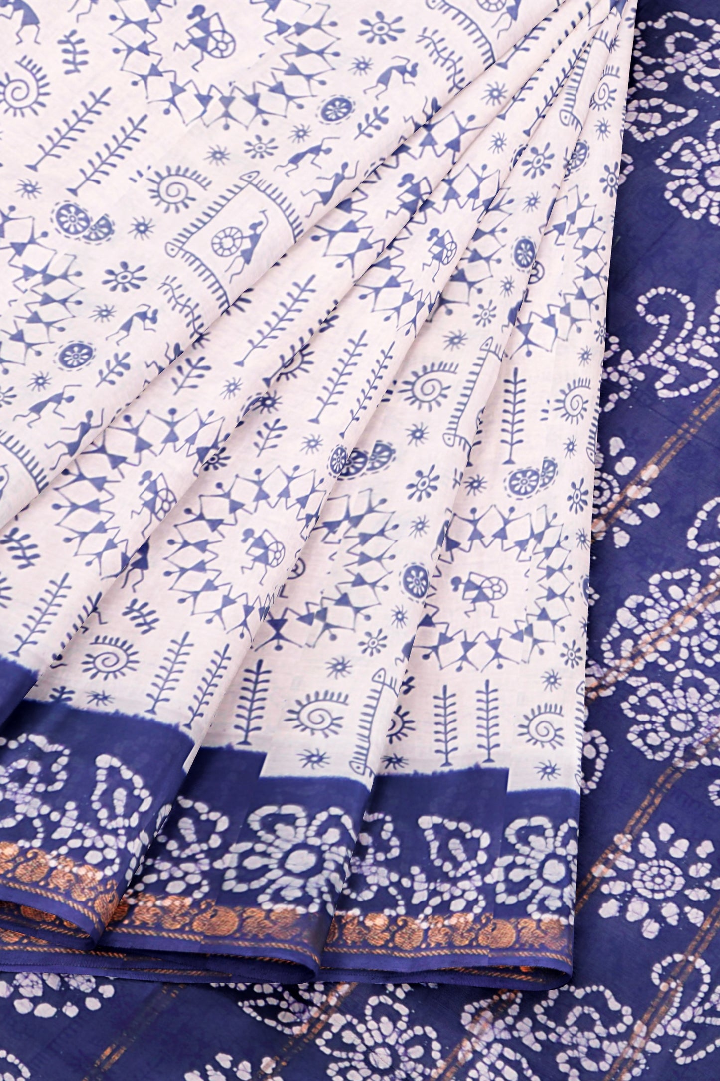 White Pure Sungudi Cotton Warli Print Zari Peacock Border Purple Border Saree