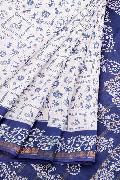 White Pure Sungudi Cotton Warli Print Zari Peacock Border Saree