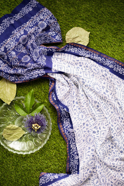 White Pure Sungudi Cotton Warli Print Zari Tower Border Saree