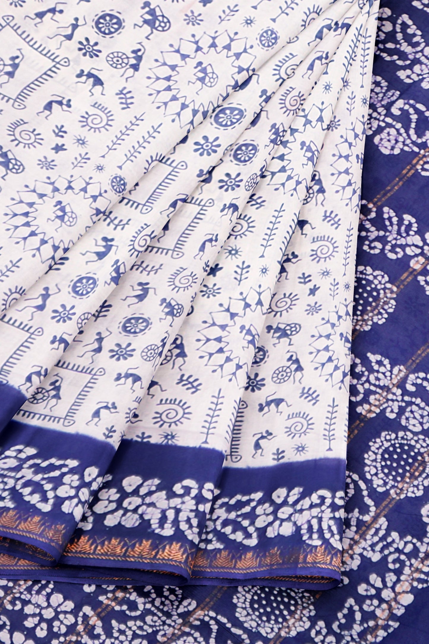 White Pure Sungudi Cotton Warli Print Zari Tower Border Saree