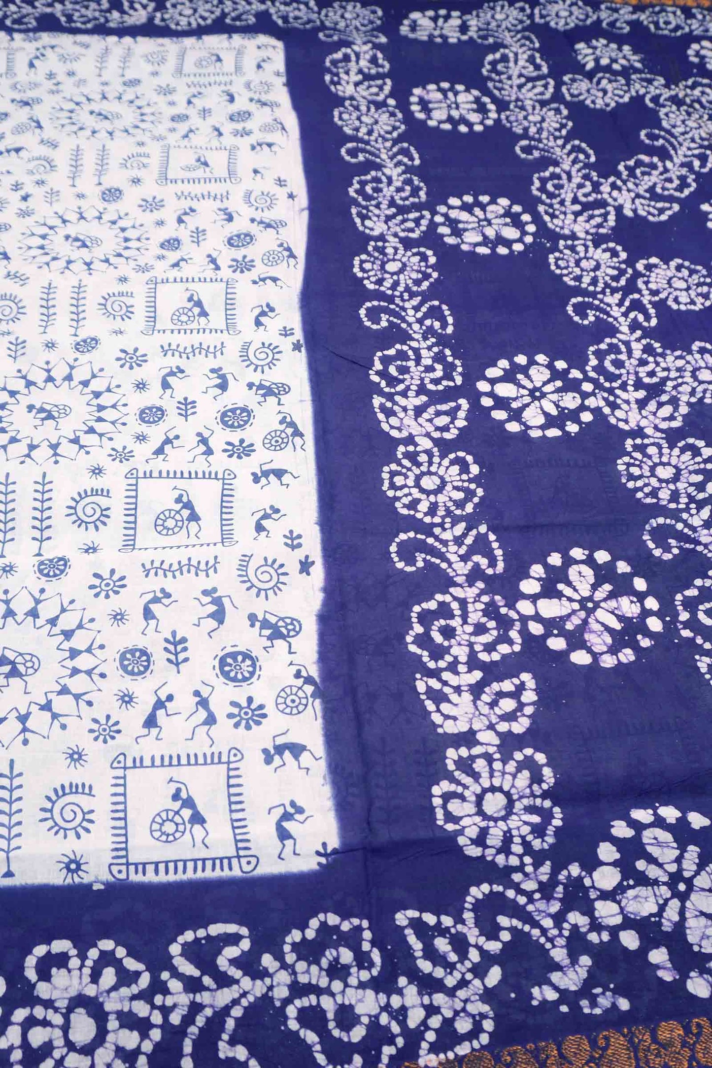 White Pure Sungudi Cotton Warli Print Zari Peacock Border Purple Border Saree