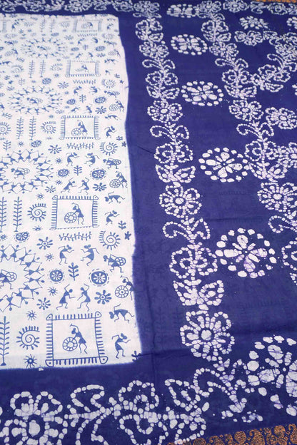 White Pure Sungudi Cotton Warli Print Zari Peacock Border Purple Border Saree