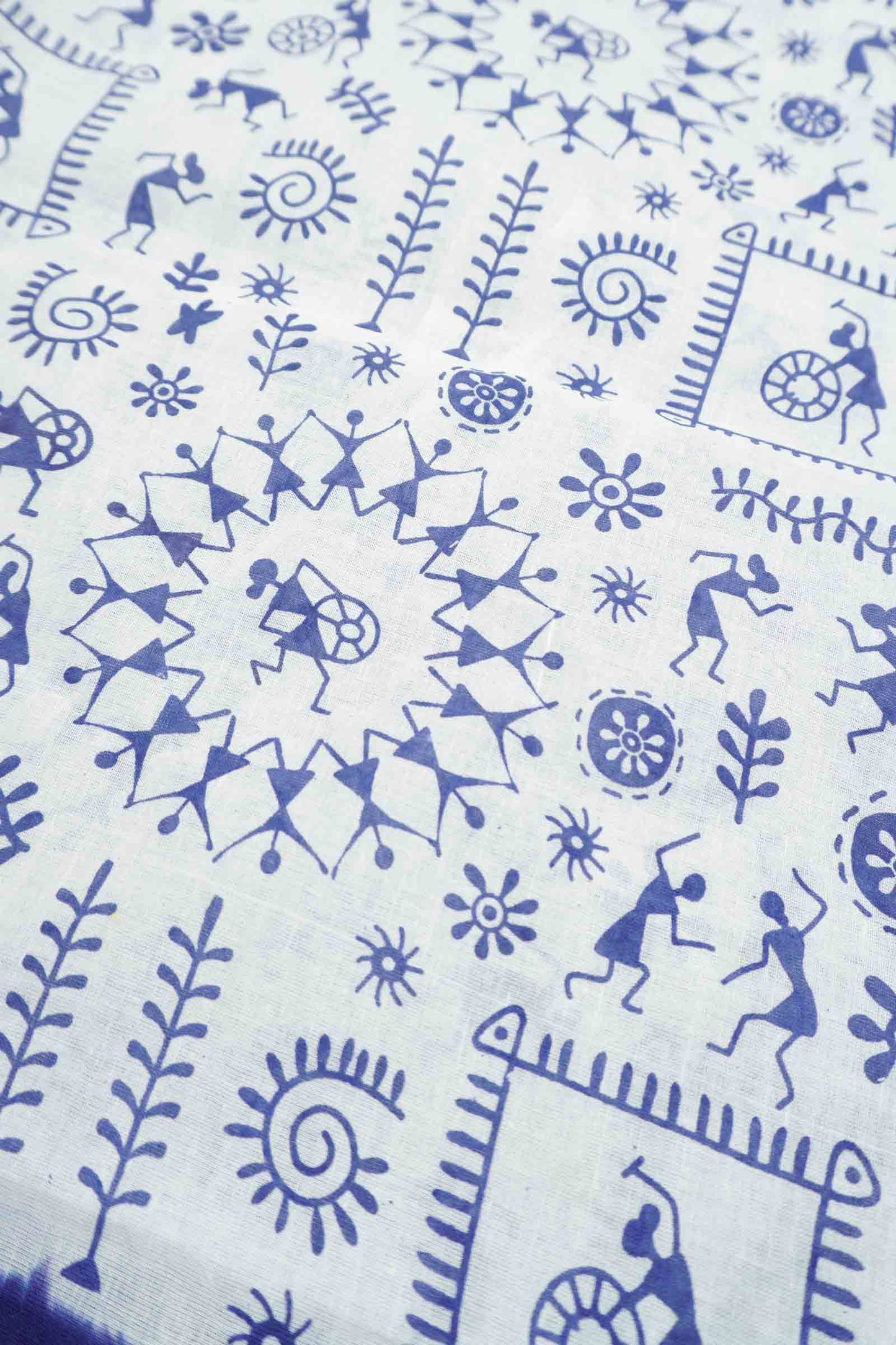 White Pure Sungudi Cotton Warli Print Zari Peacock Border Purple Border Saree