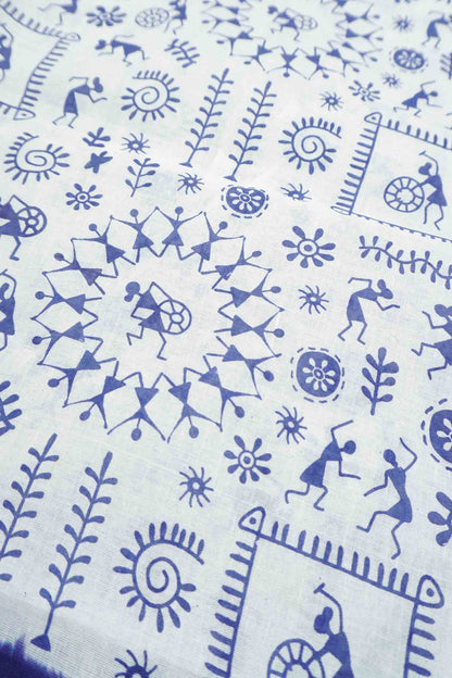 White Pure Sungudi Cotton Warli Print Zari Peacock Border Purple Border Saree
