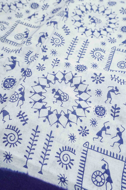 White Pure Sungudi Cotton Warli Print Zari Peacock Border Saree