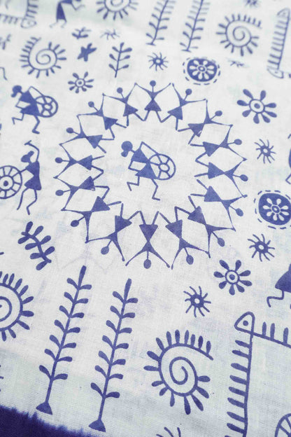 White Pure Sungudi Cotton Warli Print Zari Tower Border Saree