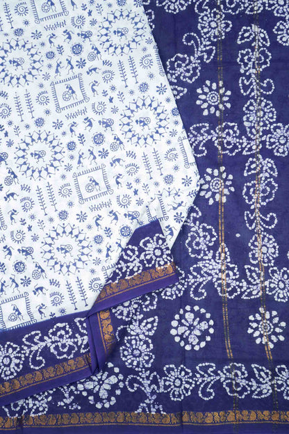 White Pure Sungudi Cotton Warli Print Zari Peacock Border Purple Border Saree