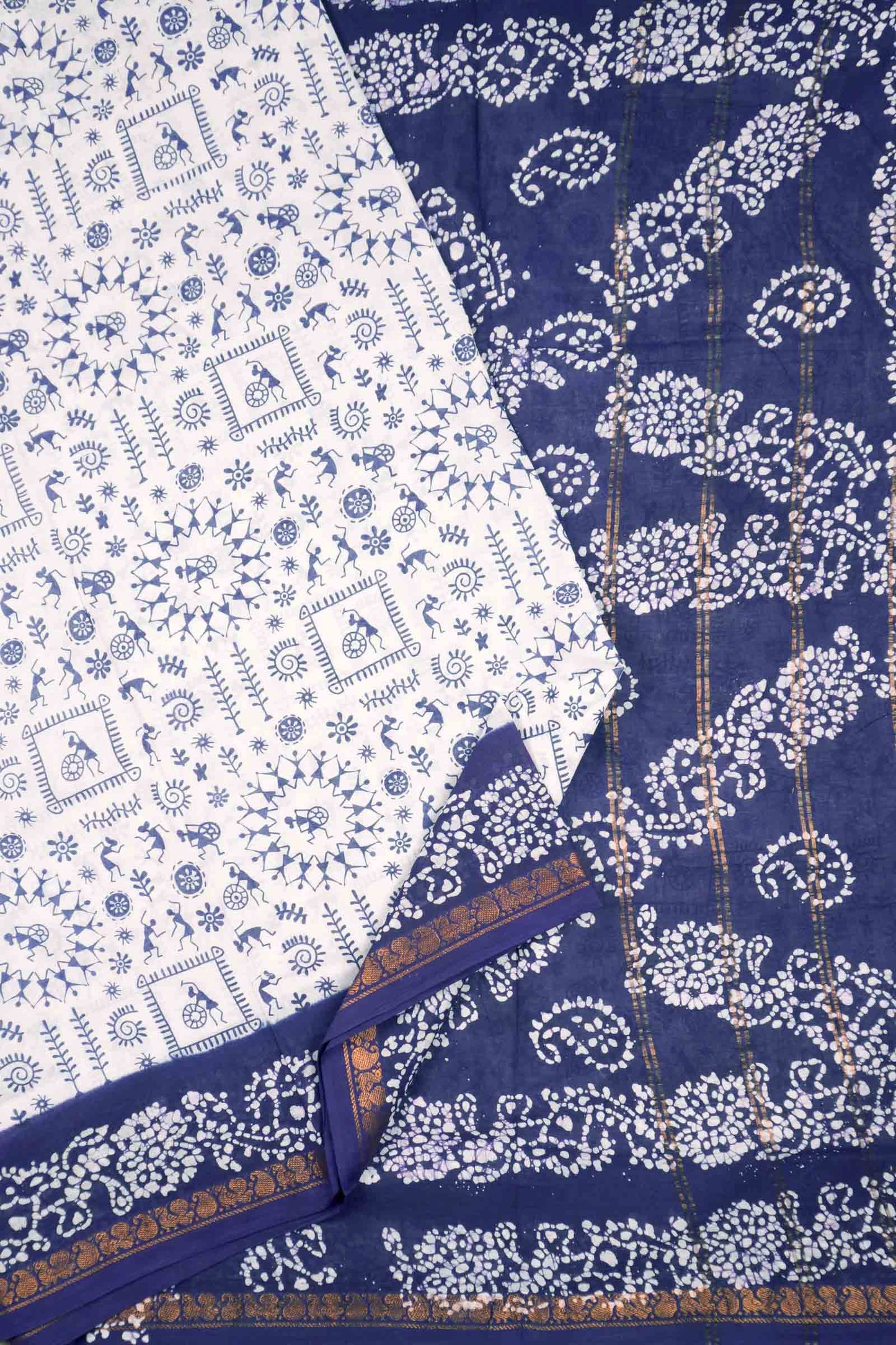 White Pure Sungudi Cotton Warli Print Zari Peacock Border Saree