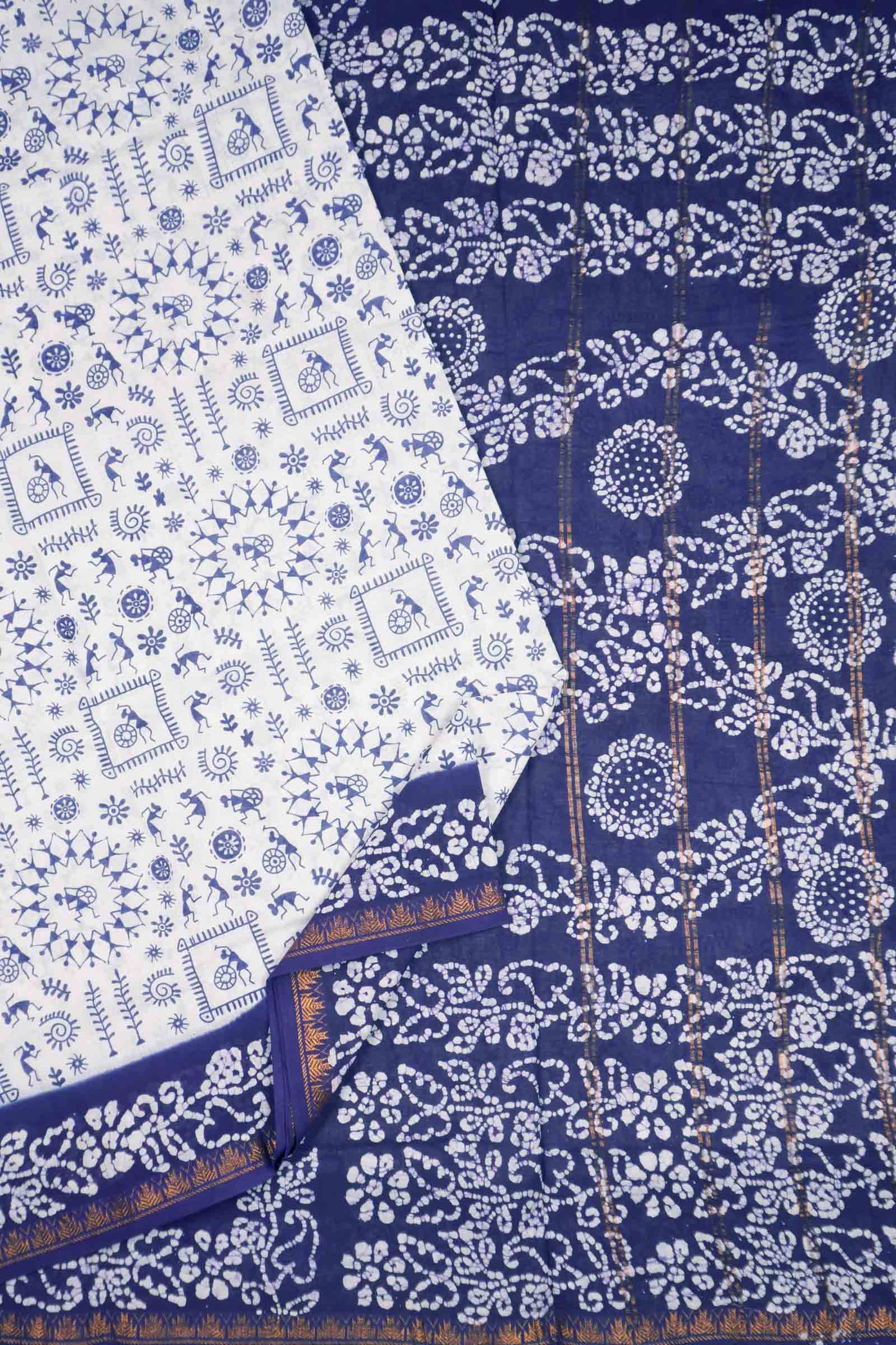 White Pure Sungudi Cotton Warli Print Zari Tower Border Saree