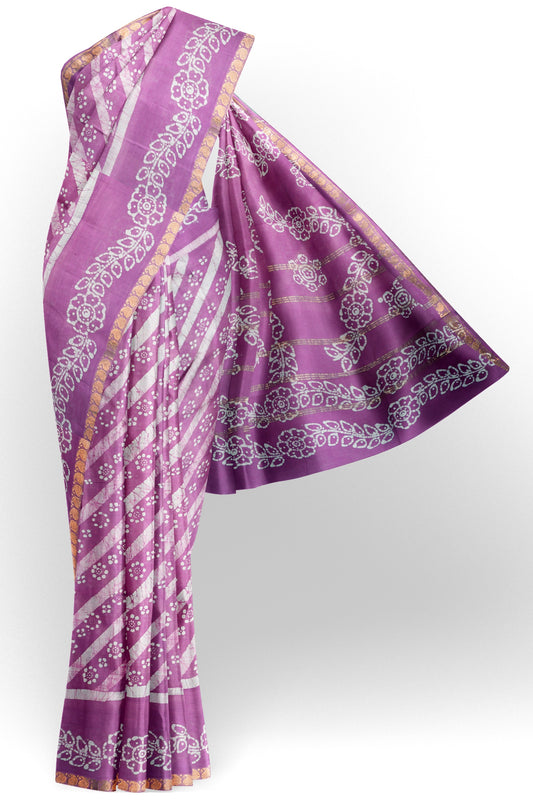 Light Violet Pure Sungudi Cotton Leheriya Stripes Print Zari Mango Border Saree