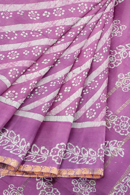 Light Violet Pure Sungudi Cotton Leheriya Stripes Print Zari Mango Border Saree