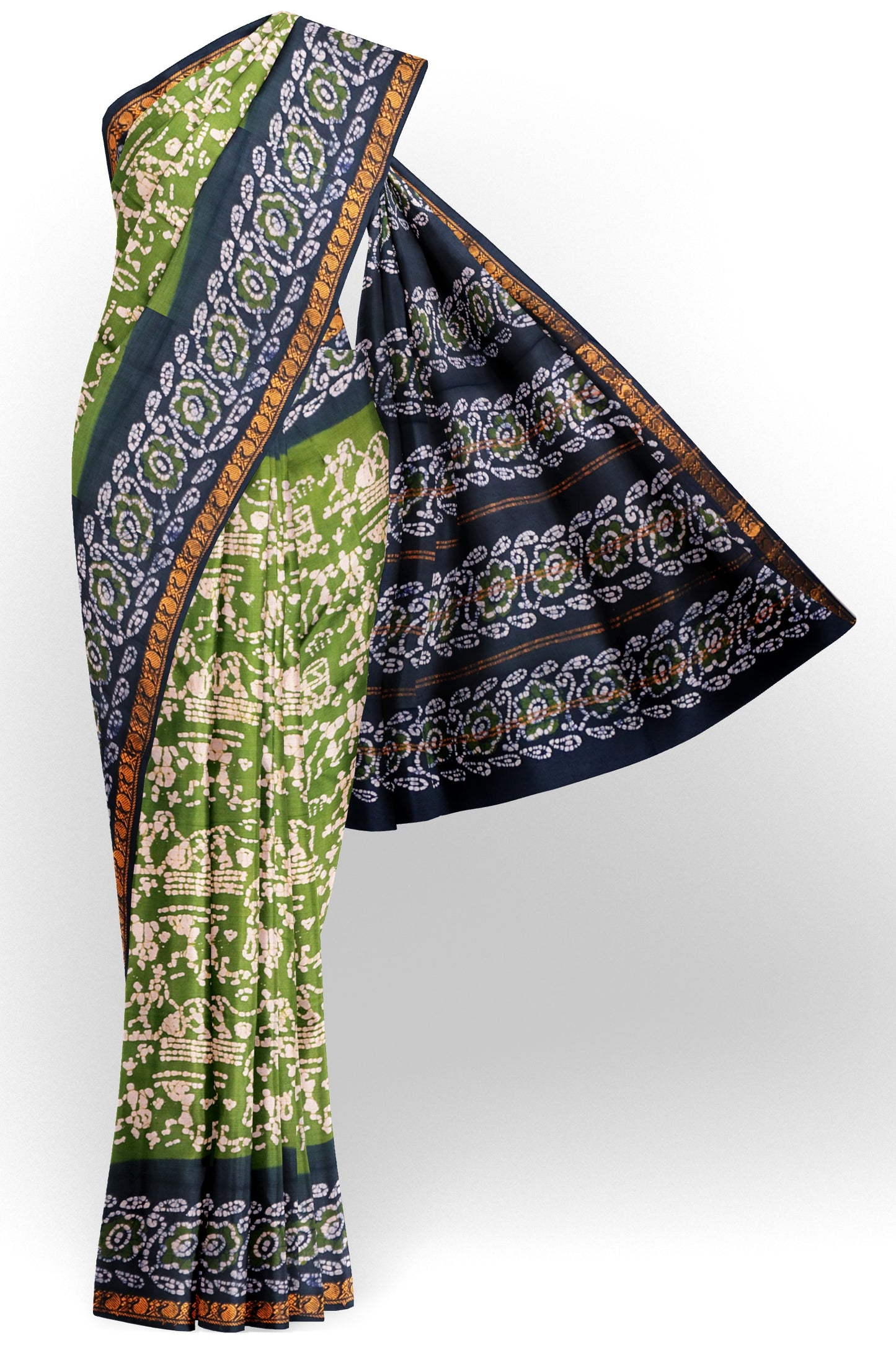 Olive Green Pure Sungudi Cotton Warli Style Print Zari  Border Saree