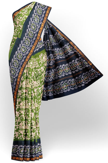 Olive Green Pure Sungudi Cotton Warli Style Print Zari  Border Saree