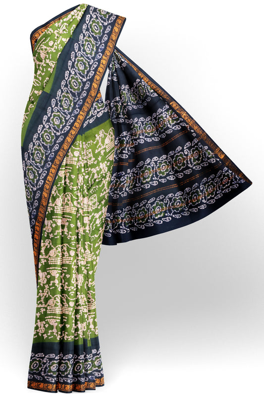 Olive Green Pure Sungudi Cotton Warli Style Print Zari  Border Saree