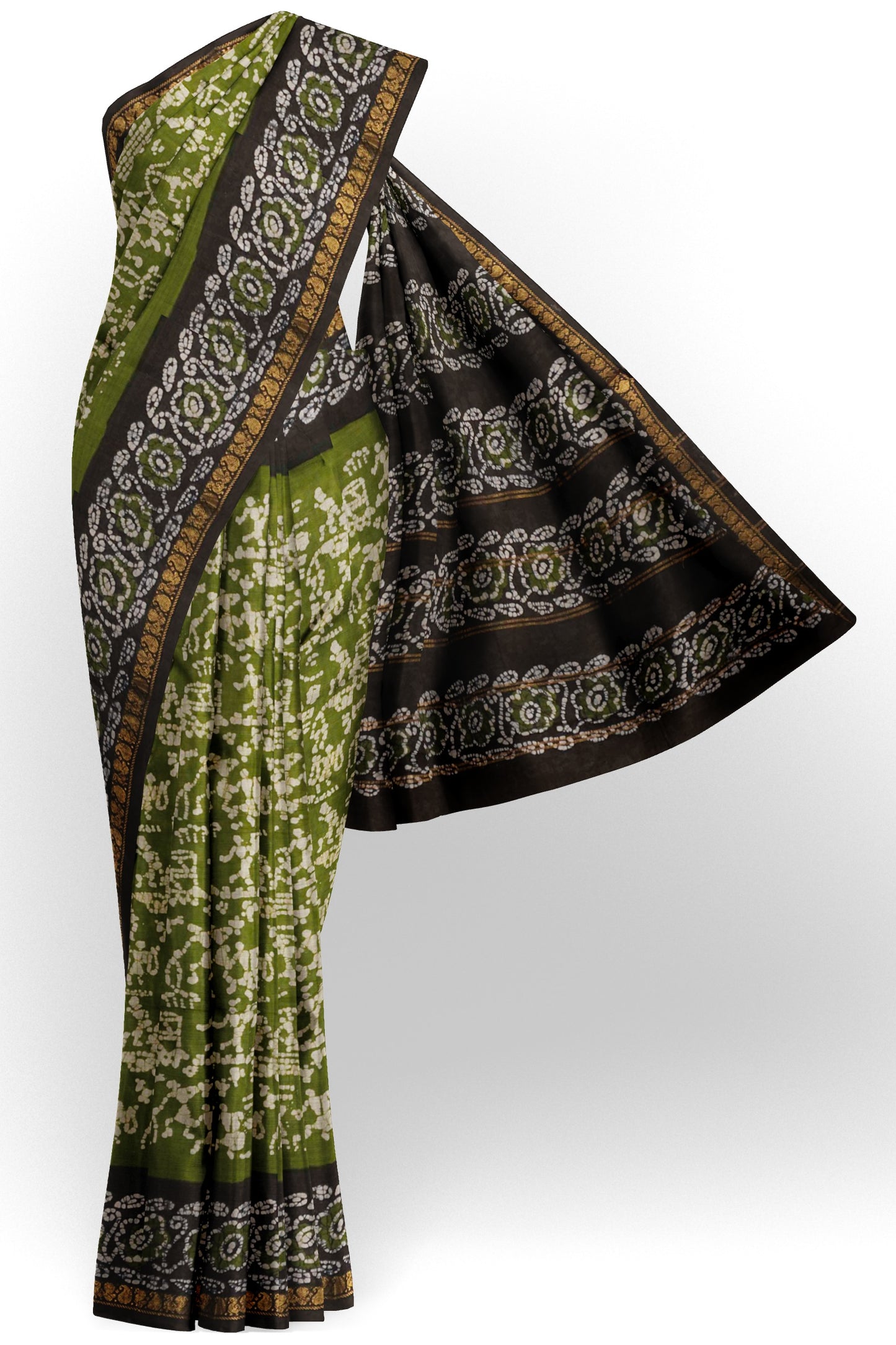 Olive Green Pure Sungudi Cotton Warli Style Print Zari  Peacock Border Saree
