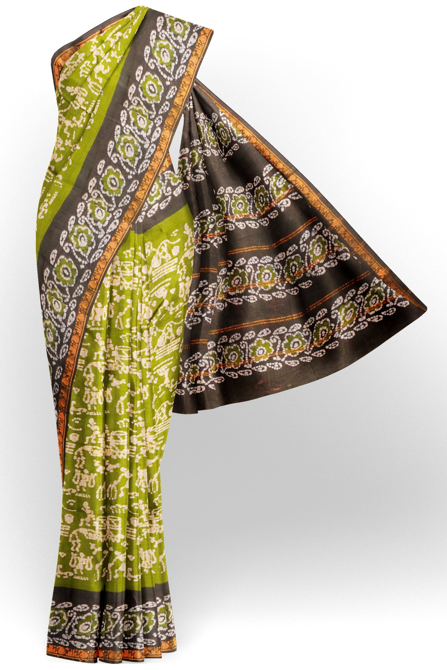 Olive Green Pure Sungudi Cotton Warli Style Print Zari Mango Tower Border Saree