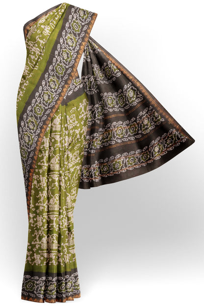Olive Green Pure Sungudi Cotton Warli Style Print Zari Gopuram Border Saree