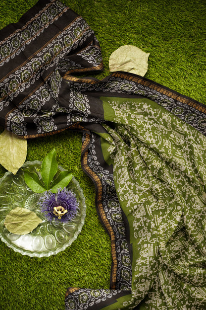 Olive Green Pure Sungudi Cotton Warli Style Print Zari  Peacock Border Saree