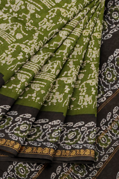 Olive Green Pure Sungudi Cotton Warli Style Print Zari  Peacock Border Saree