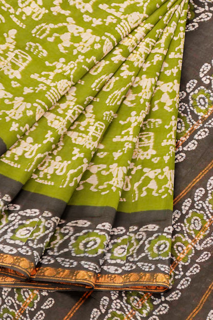 Olive Green Pure Sungudi Cotton Warli Style Print Zari Mango Tower Border Saree