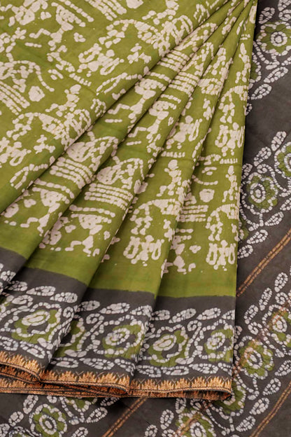 Olive Green Pure Sungudi Cotton Warli Style Print Zari Gopuram Border Saree